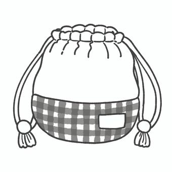 巾着袋の白黒手描きイラスト 巾着,白黒,給食袋,モノクロ,かわいい,手描き,保育園,幼稚園,療育園のイラスト素材