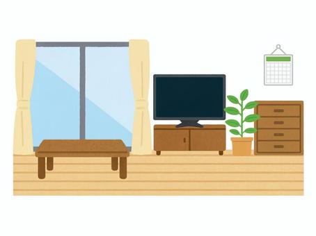 リビング（昼の家具あり） リビング,昼,フローリング,テーブル,テレビ,テレビ台,タンス,観葉植物,カレンダーのイラスト素材