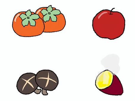 秋の味覚 柿,リンゴ,シイタケ,サツマイモ,食べ物,秋,pop調,手描き,挿絵,ワンポイントのイラスト素材