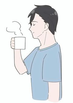 コーヒーを飲む男性のイラスト お茶,ホット,コーヒー,飲む,男性,リラックス,休憩,上半身,笑顔,美容のイラスト素材