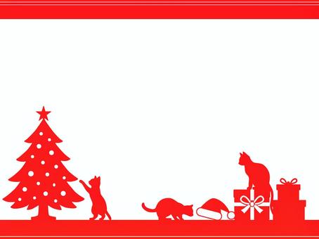 猫とクリスマスのシルエット背景・レッド 猫,シルエット,クリスマス,ツリー,プレゼント,サンタ帽,冬,メッセージカード,レッドのイラスト素材