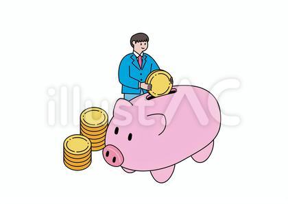 豚の貯金箱にコインを入れる男子学生