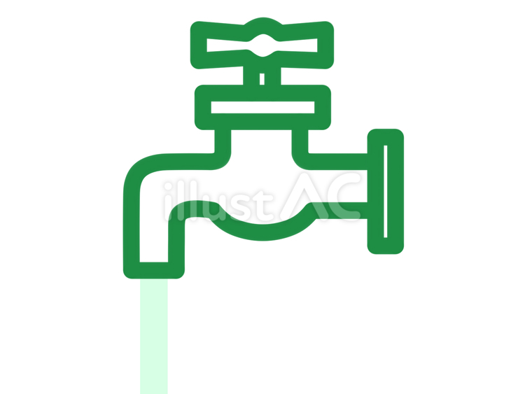 水が出ている水道の蛇口のイラスト（緑） 水道,蛇口,上水のイラスト素材