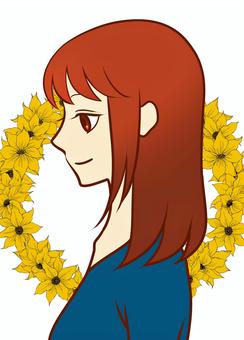 横を向いたセミロングの女性のイラスト 人物,女性,横顔,茶髪,背景,花,イラストのイラスト素材