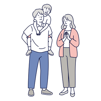 子供をおんぶする家族のイラスト素材 家族,父親,母親,子ども,男の子,おんぶ,親子,仲良し,笑顔,幸せのイラスト素材