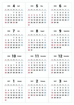 2026年4月始まりカレンダー（英語） カレンダー,年間,2026年,2027年,日曜始まり,スケジュール,ベクター,白背景,透過のイラスト素材