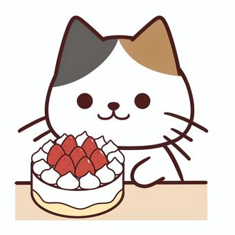 ケーキを食べる猫 ねこ,三毛猫,かわいい,手描き,セット,食事,ケーキ,ショートケーキのイラスト素材