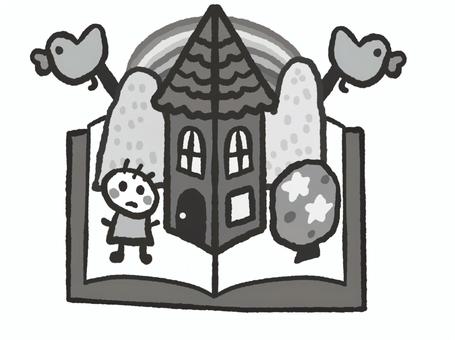 飛び出すしかけ絵本(家)モノクロ 絵本,しかけ絵本,飛び出す絵本,本,物語,おとぎ話,童話,虹,家,お話のイラスト素材