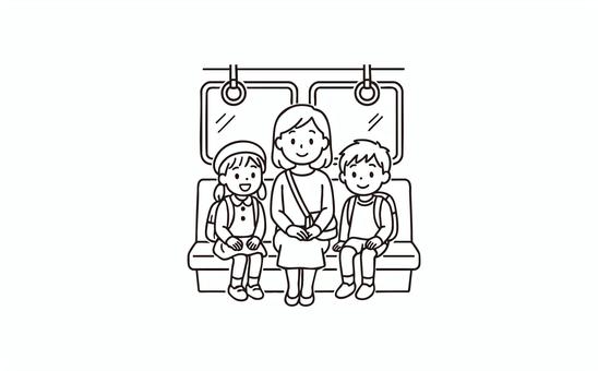 電車の席に座っているママと子供たち 人物,電車,ママ,男の子,女の子,家族,笑顔,旅行,休暇,座席のイラスト素材