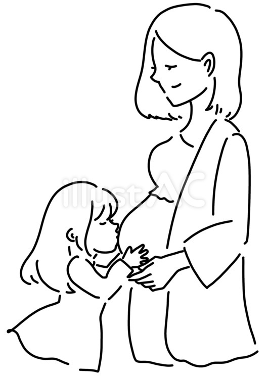 妊娠したお腹にキスをする女児　線画 子供,妊婦,キスのイラスト素材
