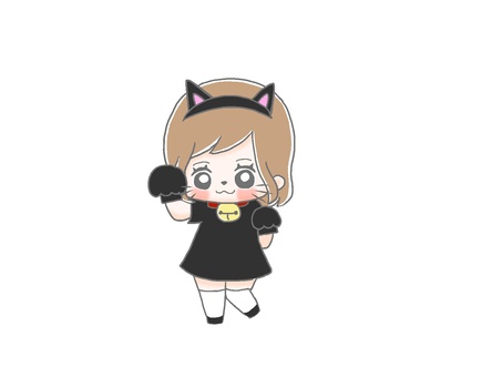 コスプレ猫１ 手描き,女の子,茶髪,コスプレ,仮装,ハロウィン,ポーズ,猫,ひげ,カチューシャのイラスト素材