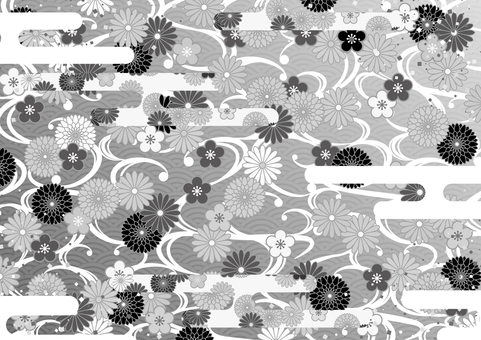 かっこいい和風の花柄の背景素材 和風,和柄,花,雲,渦,模様,モノトーン,背景のイラスト素材
