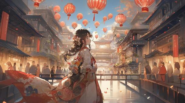 Illustration, girl, lantern, antiquity, 