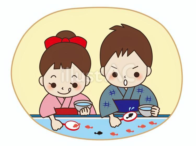 金魚すくいをする子供たち02 金魚すくい,子供,夏祭りのイラスト素材