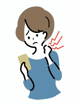 スマホ首に悩む女性 スマホ,首,痛い,疲労,肩こり,女性,シンプル,ラフタッチ,手書き風,感情のイラスト素材