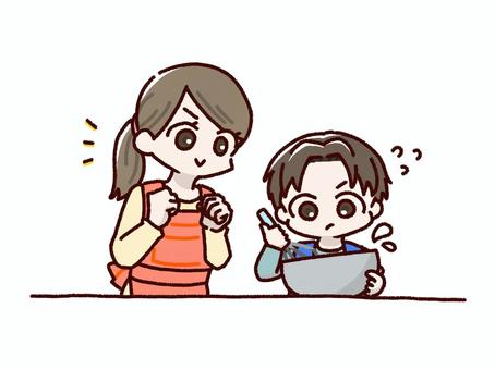 料理をする親子 料理,親子,お母さん,女性,子ども,息子,お手伝い,応援,ボウル,泡立て器のイラスト素材