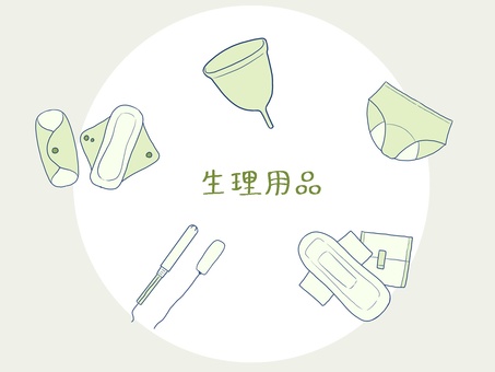 生理用品セット（緑） 生理用品,ナプキン,月経カップ,ショーツ,タンポン,布ナプキン,月経,手描き,シンプル,サニタリーのイラスト素材