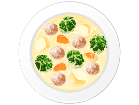 ミートボールのクリームシチュー シチュー,ミートボール,スープ,料理,じゃがいも,にんじん,ブロッコリー,食べ物,冬,皿のイラスト素材