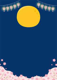 夜桜と満月と提灯、春の桜・お花見イラスト 桜,春,花,背景,フレーム,夜桜,提灯,花見,お花見,枠のイラスト素材