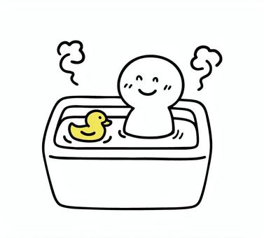 アヒルとお風呂に入る棒人間 お風呂,あひる,湯気,笑顔,棒人間,線画,キャラクター,手描き,手書き,イラストのイラスト素材