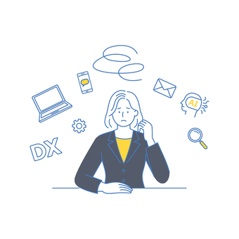 デジタル業務に悩む女性ビジネスウーマン デジタル業務に悩む女性ビジネスウーマン 人物,ビジネス,女性,社員,ai,it,dx,デジタル,悩み,不安のイラスト素材