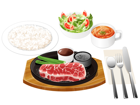 生ステーキセット1 ステーキセット,生ステーキ,ファミレス,料理,食べ物,ステーキ,オニオンスープ,サラダ,ライス,ポテトのイラスト素材