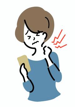 スマホ首に悩む女性 首,痛い,スマホ,疲労,肩こり,女性,シンプル,ラフタッチ,手書き風,感情のイラスト素材