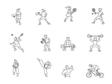 スポーツいろいろ②　モノクロ スポーツ,運動,球技,陸上,卓球,テニス,バドミントン,重量挙げ,空手,ボディービルのイラスト素材