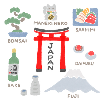 日本あしらいセットJAPANSET2 日本,japan,鳥居,神社,刺身,大福,富士山,酒,日本酒,盆栽のイラスト素材