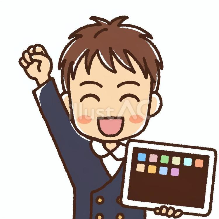 笑顔でタブレットを持つ男子小学生・制服 こども,男子,男の子のイラスト素材