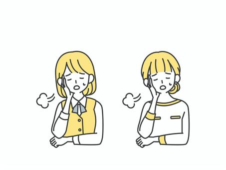 ため息をつく受付と美容部員の女性 人物,女,ため息,落ち込む,がっかり,気が重い,後ろ向き,モヤモヤ,疲れ,不安のイラスト素材