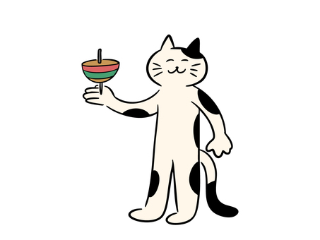コマ回しをする猫（カラー） 猫,コマ回し,コマ,玩具,伝統玩具,昔,遊び,おもちゃ,正月,お正月のイラスト素材