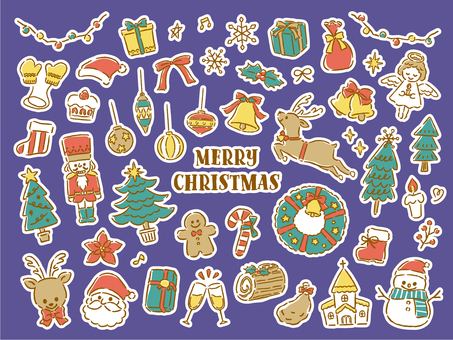 クリスマス　手書き線画　シール風 クリスマス,冬,サンタ,トナカイ,ツリー,線画,天使,プレゼント,リース,星のイラスト素材