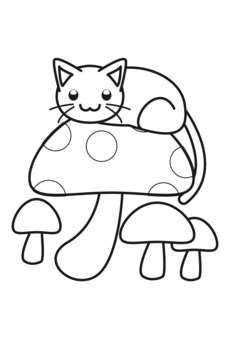 毒キノコと白ネッコさんカード線画 猫,きのこ,かわいい,毒キノコ,デフォルメ,白猫,メルヘン,秋,線画,モノクロのイラスト素材