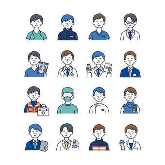 医療系の男性人物アイコンセット 人物,アイコン,男性,医療,医師,看護,技師,ビジネス,セット,顔のイラスト素材