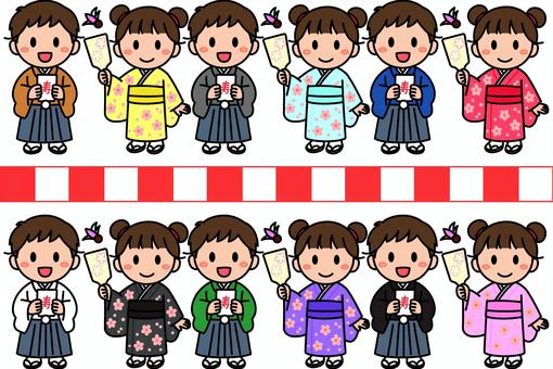 着物と袴の子供たちです。 シンプル,子供,七五三,お正月,日本,式典,イベント,和装,女の子,着物のイラスト素材