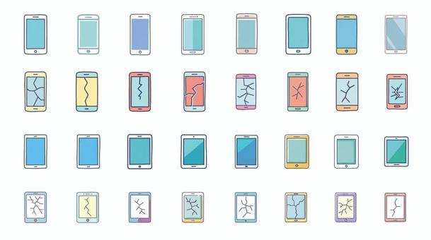 スマホ・タブレット端末アイコンまとめ スマートフォン,アイコン,テクノロジー,タブレット,端末,破損,画面割れのイラスト素材