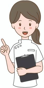 指差ししながら話す白衣の女性 白衣,女性,看護師,カイロプラクター,セラピスト,整体師,施術者,クリニック,指差し,笑顔のイラスト素材