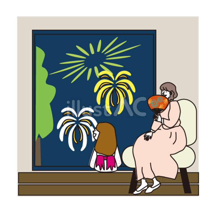 自宅の窓から打ち上げ花火を見ている母娘 花火大会,夏祭り,イベントのイラスト素材