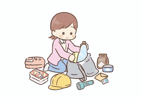 「防災」備える（4）防災バッグの確認 防災,防災バッグ,防災の日,防災備蓄,かわいい,確認,女性,防災グッズ,食品,防災ヘルメットのイラスト素材