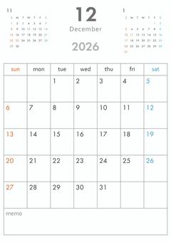 2026年12月カレンダー-縦 カレンダー,2026年,2026,1か月,3か月,令和8年,暦,日曜始まり,祝祭日,祝日のイラスト素材