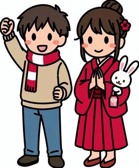 赤の冬着の男子女子です。 着物,シンプル,女子,和装,和服,ファッション,振袖,袴,成人式,正月のイラスト素材