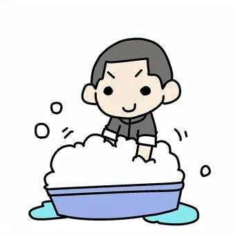 たらいを泡立てる学生少年 学生,たらい,バケツ,泡立てる,洗濯,手洗い,もこもこ,シャンプー,清潔,洗い物のイラスト素材