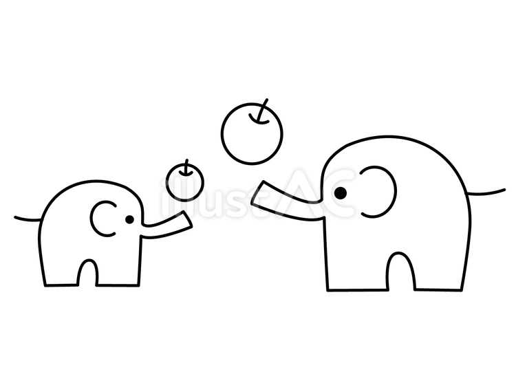 りんごで遊ぶ親子ゾウのぬりえ ゾウ,親子,かわいいのイラスト素材