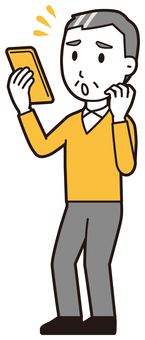  ニット中年男性(黄)-070-全身 スマホ,慌てる,おじさん,男性,中年,お父さん,パパ,シニア,ミドルエイジ,人物のイラスト素材