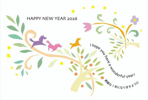 午年の年賀状　カジュアルな3頭のウマ 年賀状,テンプレート,2026,午,お正月,ハッピーニューイヤー,年賀,はがき,午年,家族のイラスト素材