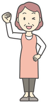  エプロンおばちゃん-177-全身 ガッツポーズ,おばちゃん,エプロン,お母さん,ママ,中年,おばさん,主婦,人物,かわいいのイラスト素材
