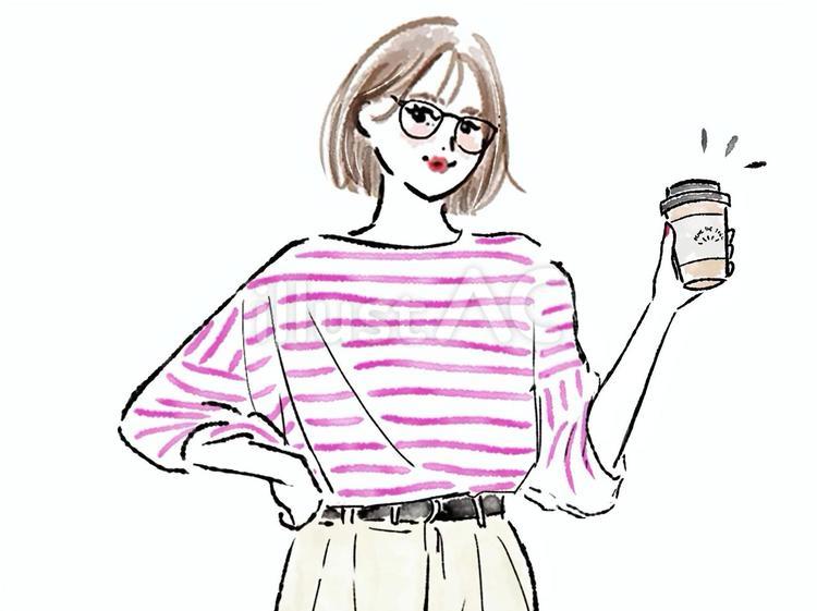 コーヒーを持つめがねのボブヘア女性 女性,コーヒー,めがねのイラスト素材