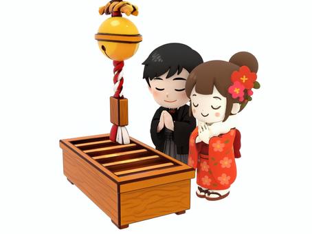 正月新春初詣神社参拝幸運祈願カップル 初詣,初もうで,お正月,正月,神社,新春,元旦,参拝,年賀素材,晴着のイラスト素材