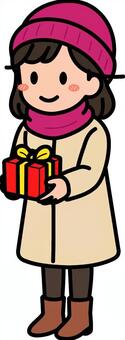 プレゼントを渡す赤の女子です。 プレゼント,シンプル,渡す,ギフト,贈り物,シーン,祝う,イベント,パーティー,クリスマスのイラスト素材